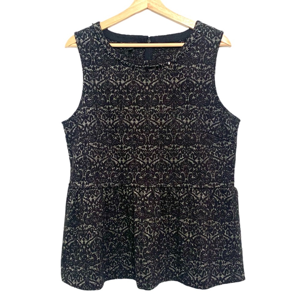 Talbots Black Silver Metallic Tapestry Peplum Top Beaded Jeweled Neckline Large